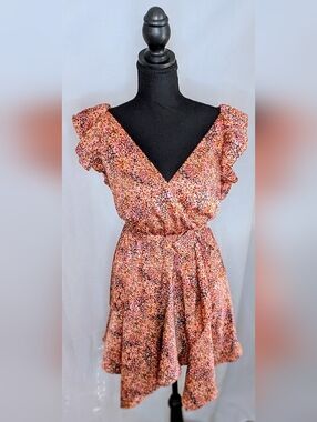 Express Wrap Style Mini Dress XS Flutter Sleeve Flowy Tie Waist Pink Orange